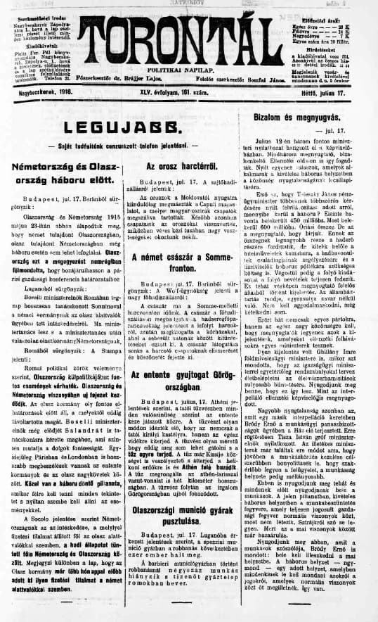 Torontál, 45. évf. 1916. július 17. 161. sz.