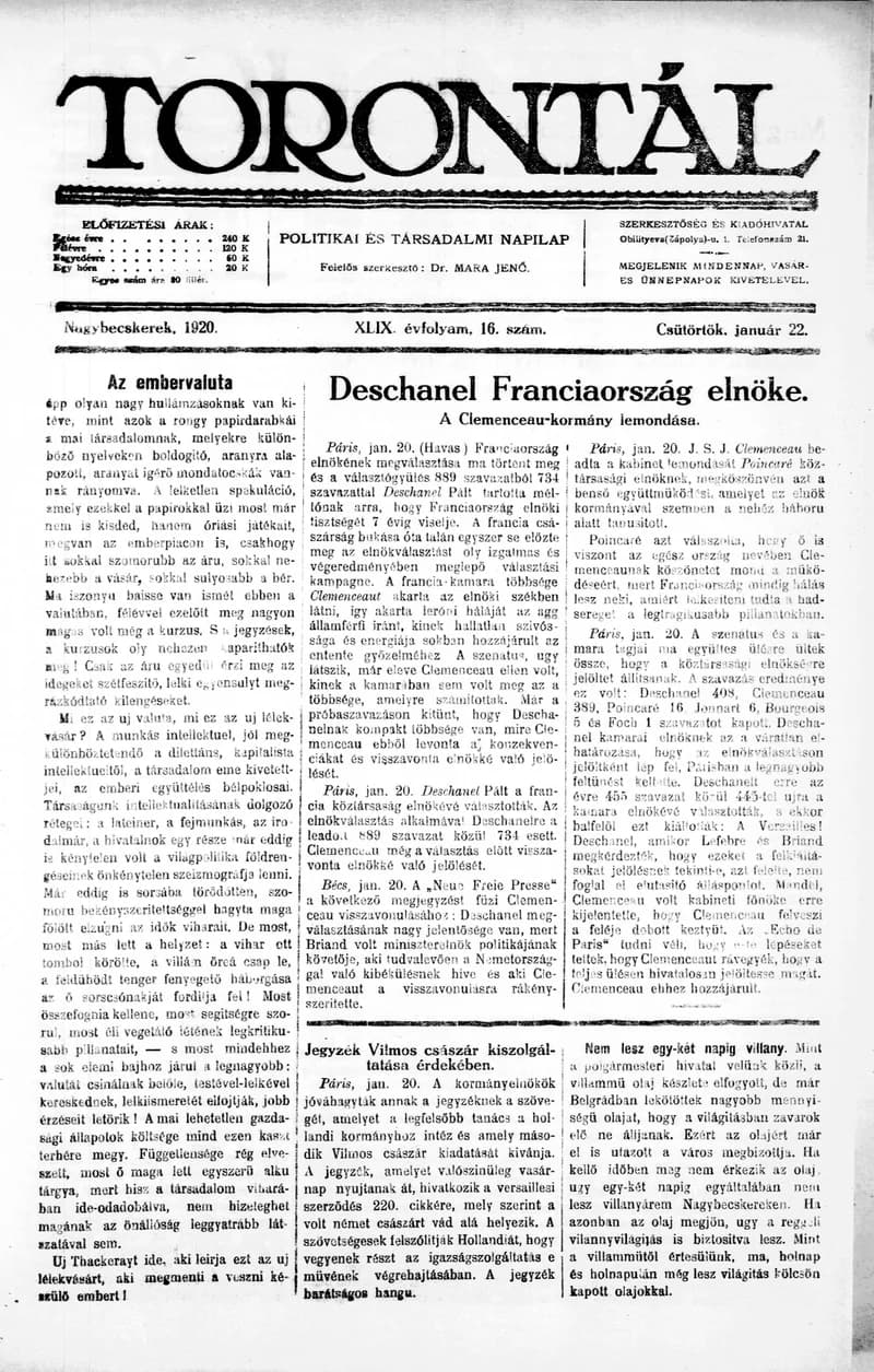 Torontál, 49. évf. 1920. január 22. 16. sz.