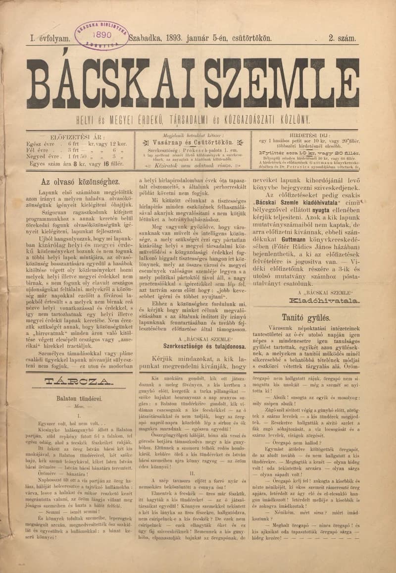 Bácskai Szemle, 1. évf. 1893. január 5. 2. sz.