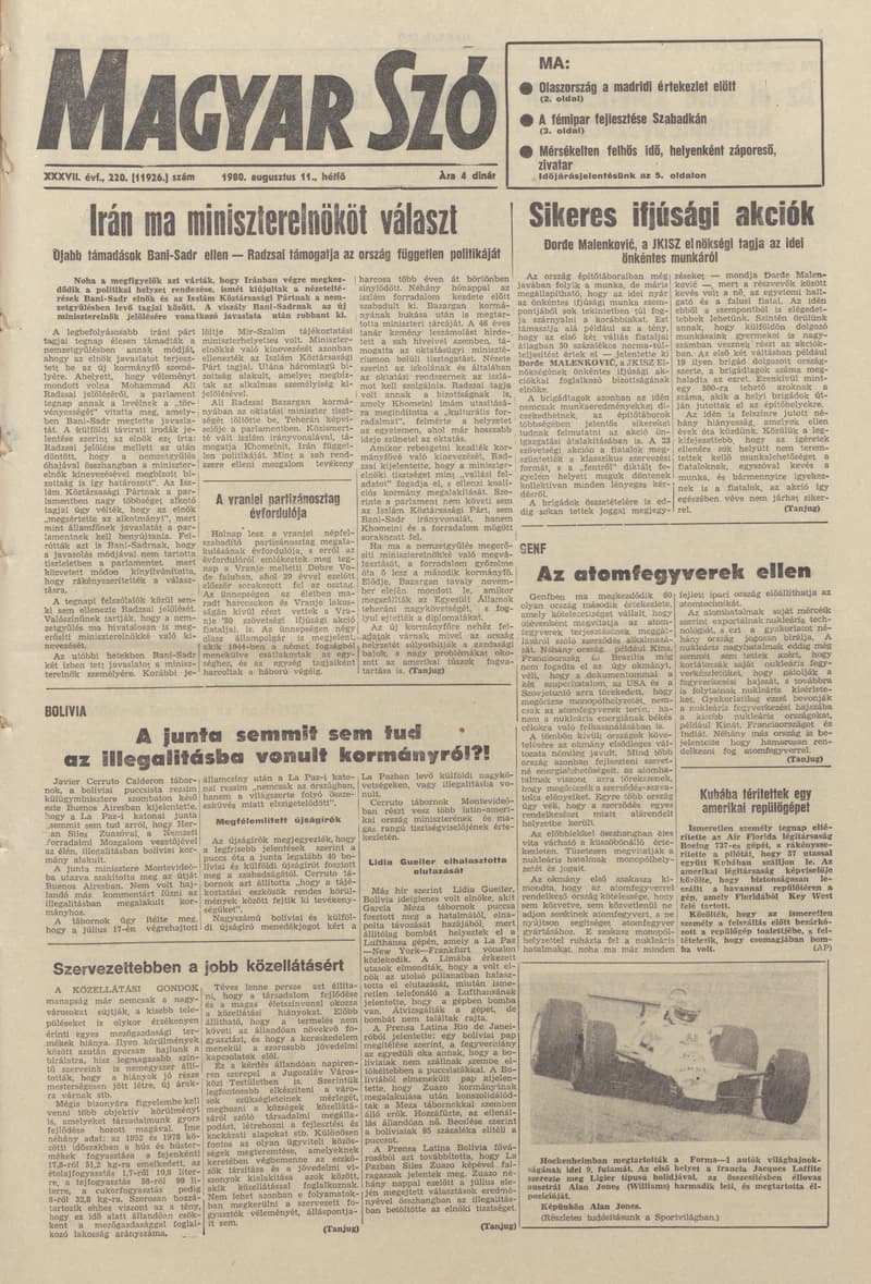 Magyar Szó, 37. évf. 1980. augusztus 11. 220. sz. 1–16. oldal