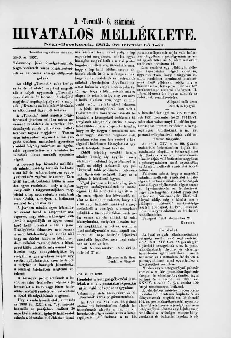 A Totontál  hivatalos melléklete, 5. évf. 1892. február 1. 6. sz.