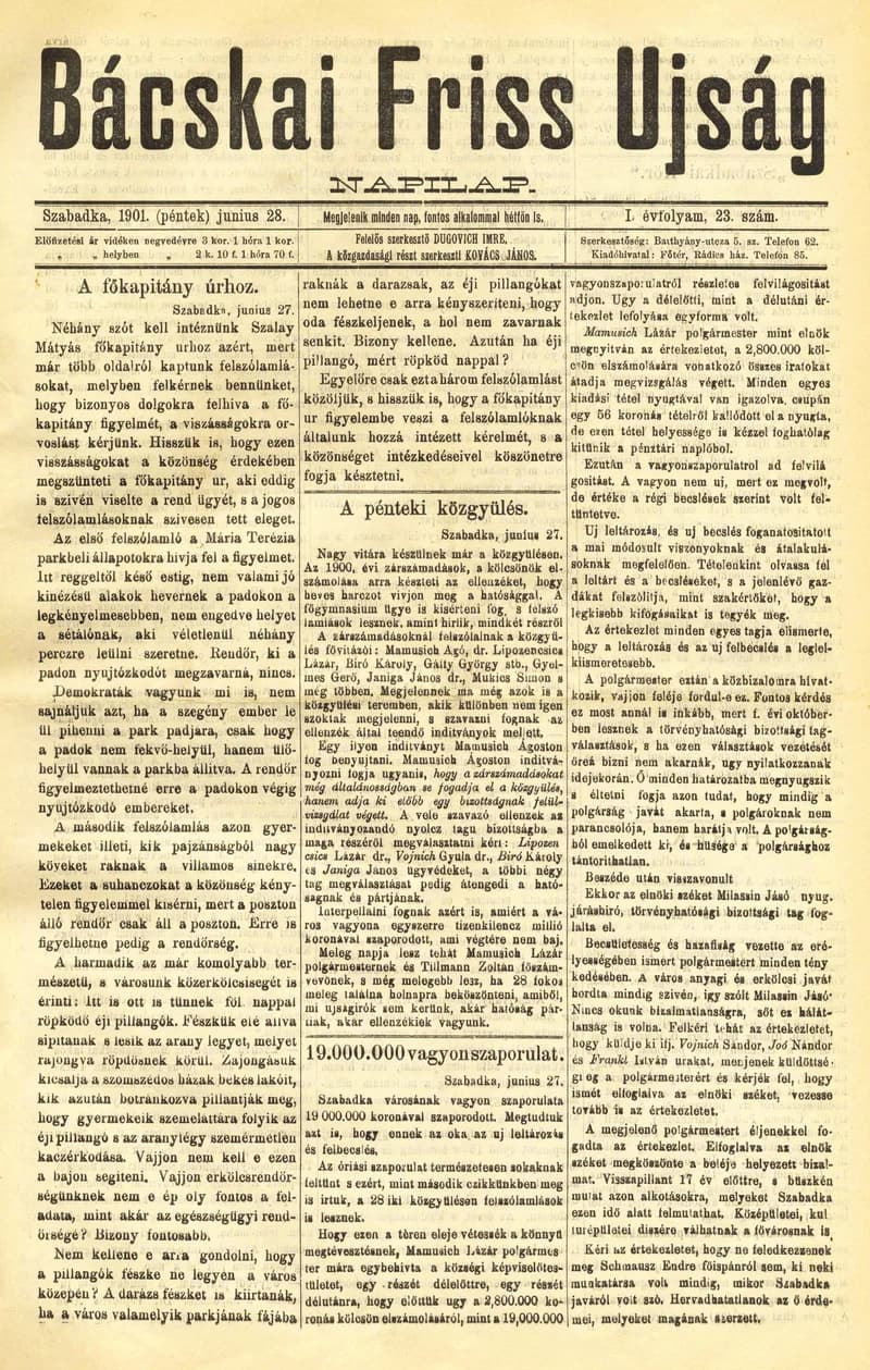 Bácskai Friss Ujság, 1. évf. 1901. június 28. 23. sz.