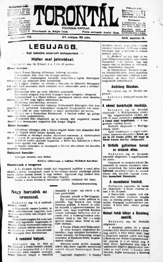 Torontál, 45. évf. 1916. augusztus 14. 185. sz.