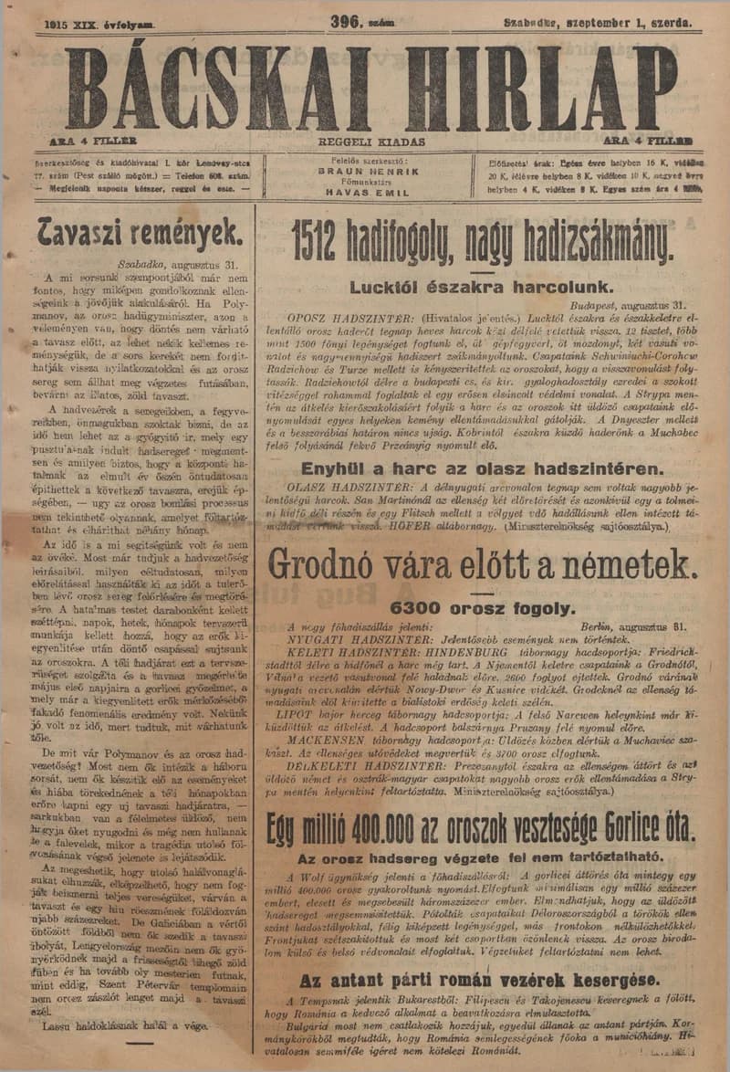 Bácskai Hirlap, 19. évf. 1915. szeptember 1. 396. sz.