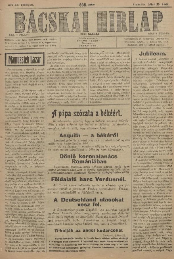 Bácskai Hirlap, 20. évf. 1916. július 25. 336. sz.