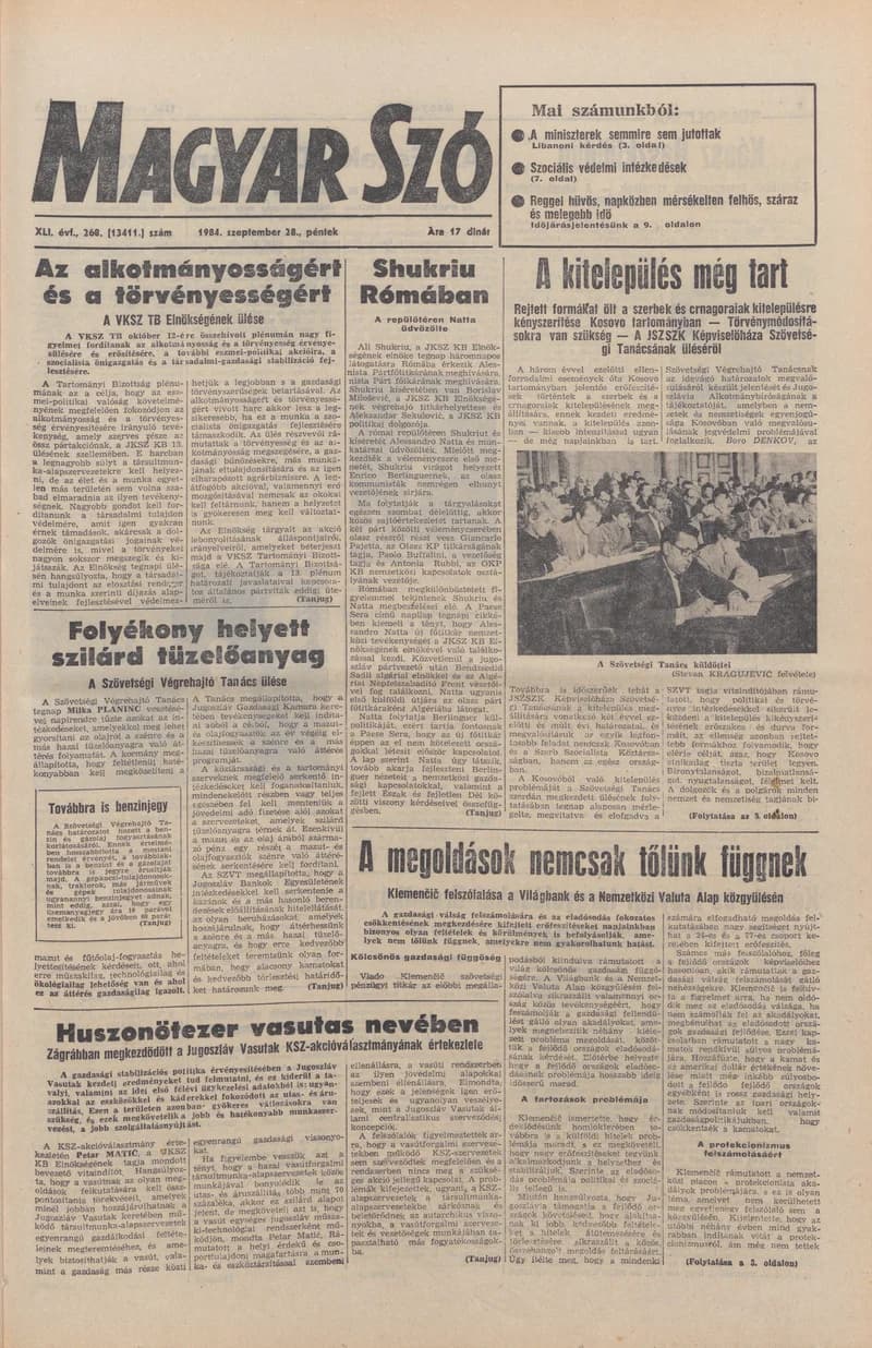 Magyar Szó, 41. évf. 1984. szeptember 28. 268. sz. 1–20. oldal