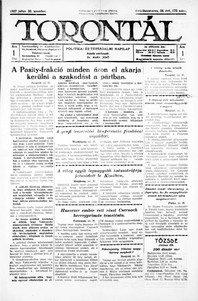 Torontál, 56. évf. 1927. július 30. 172. sz.