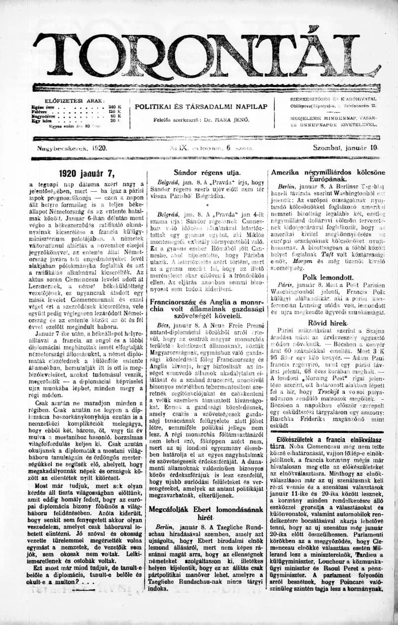 Torontál, 49. évf. 1920. január 10. 6. sz.