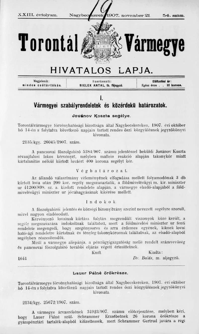 Torontál Vármegye Hivatalos Lapja, 23. évf. 1907. november 21. 54. sz.