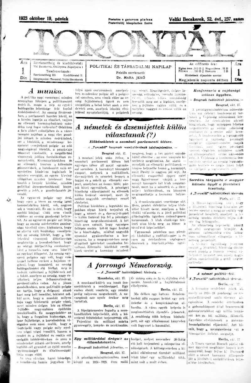 Torontál, 52. évf. 1923. október 19. 237. sz.