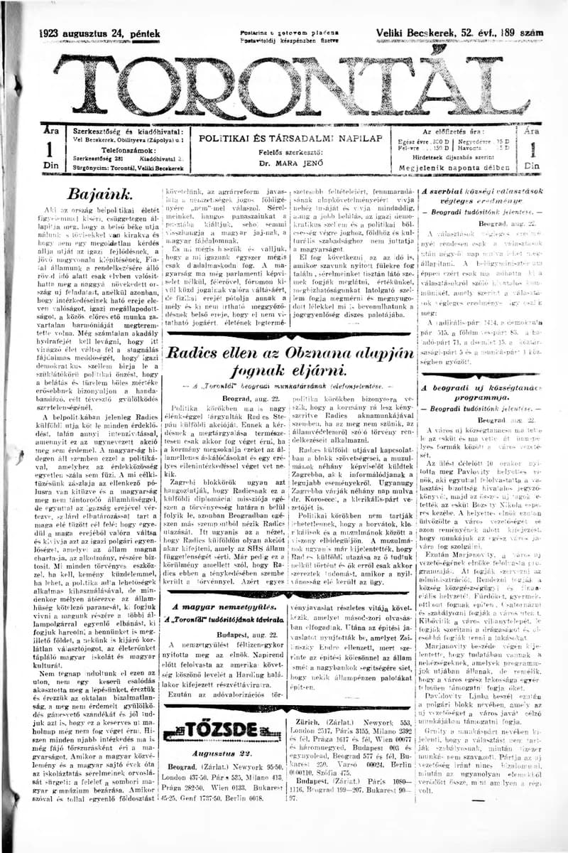 Torontál, 52. évf. 1923. augusztus 24. 189. sz.
