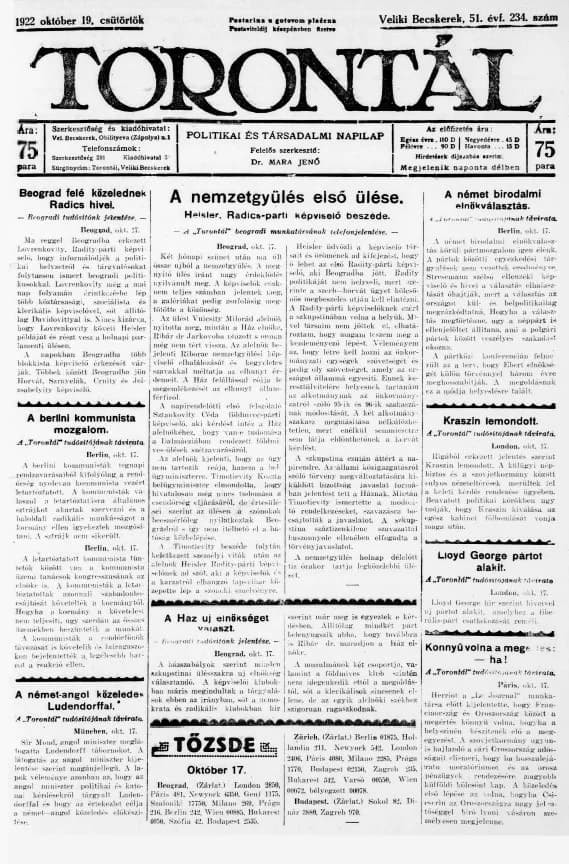 Torontál, 51. évf. 1922. október 19. 234. sz.