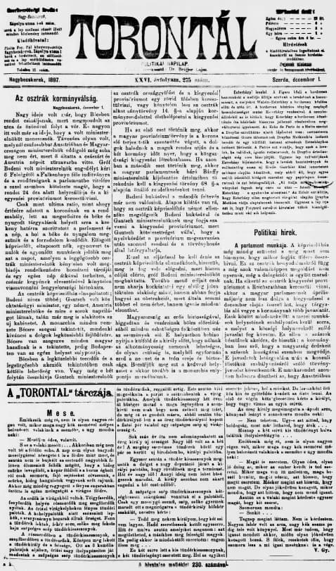 Torontál, 26. évf. 1897. december 1. 275. sz.