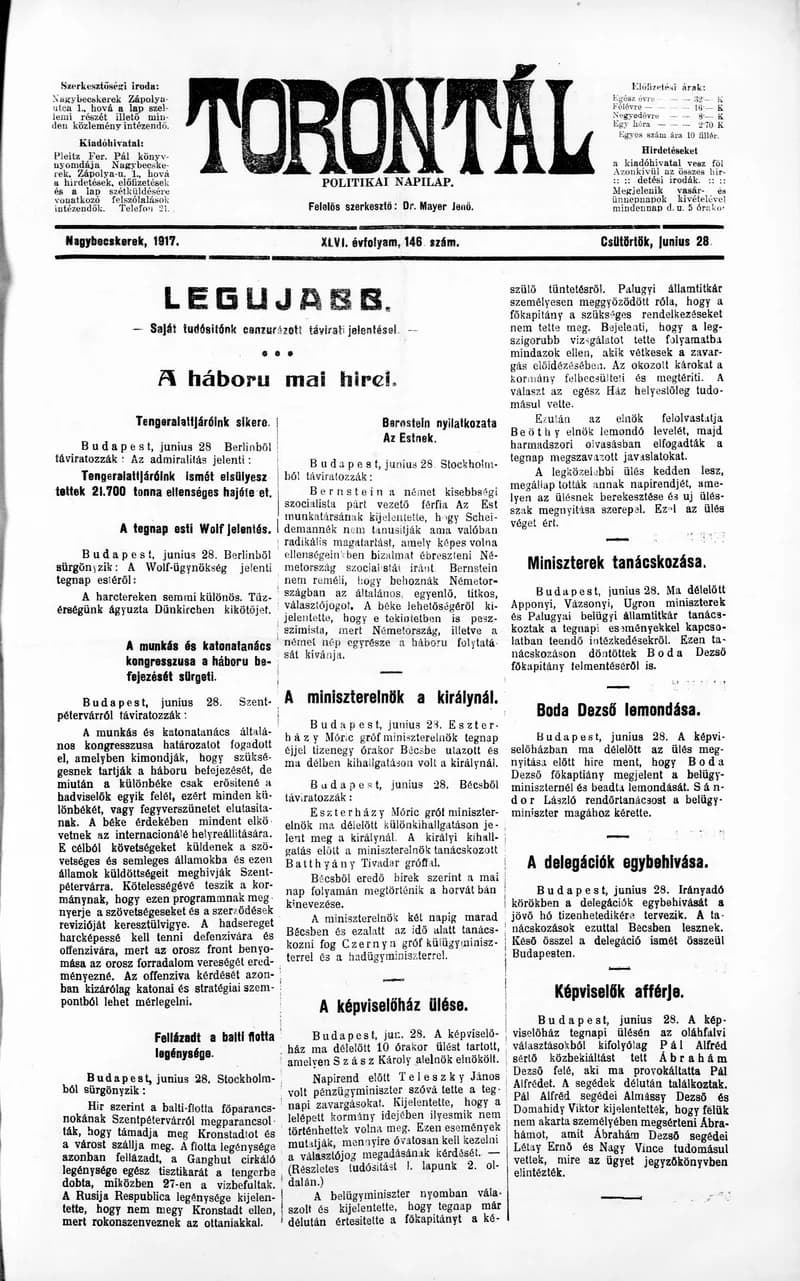 Torontál, 46. évf. 1917. június 28. 146. sz.