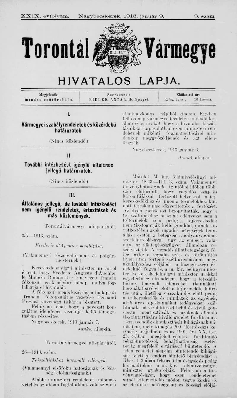 Torontál Vármegye Hivatalos Lapja, 29. évf. 1913. január 9. 3. sz.