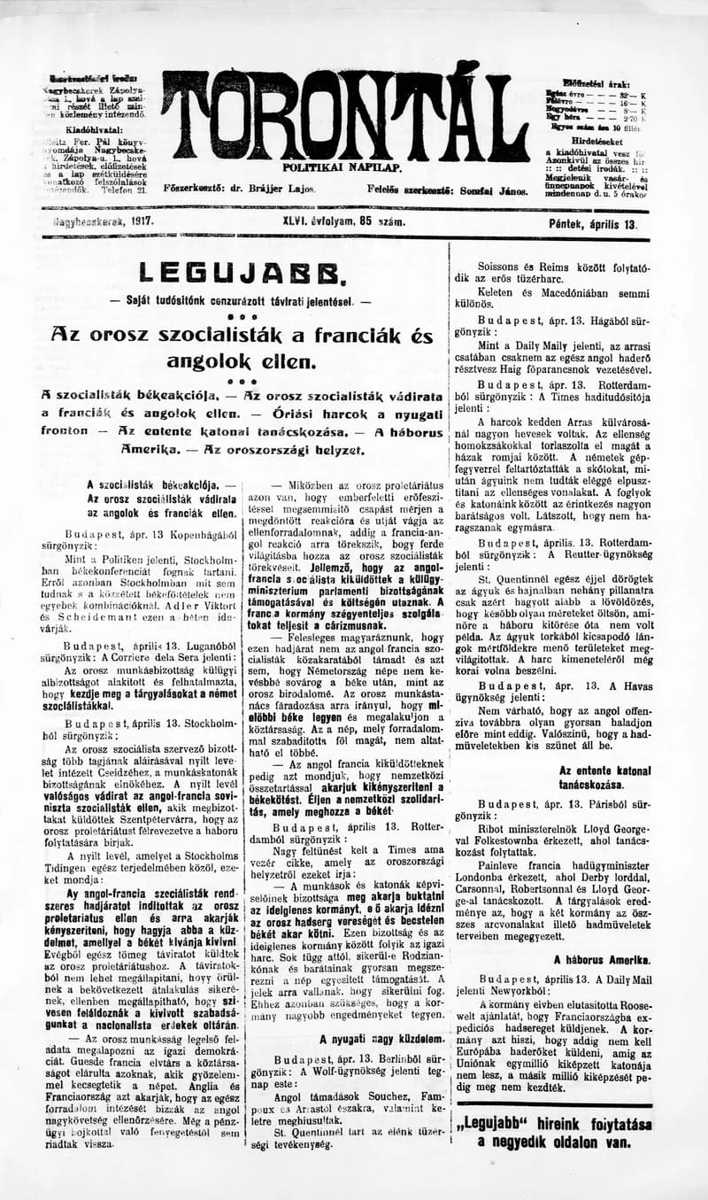 Torontál, 46. évf. 1917. április 13. 85. sz.
