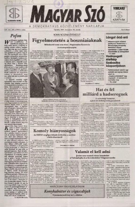 Magyar Szó, 54. évf. 1997. december 10. 289. sz. 1–16. oldal