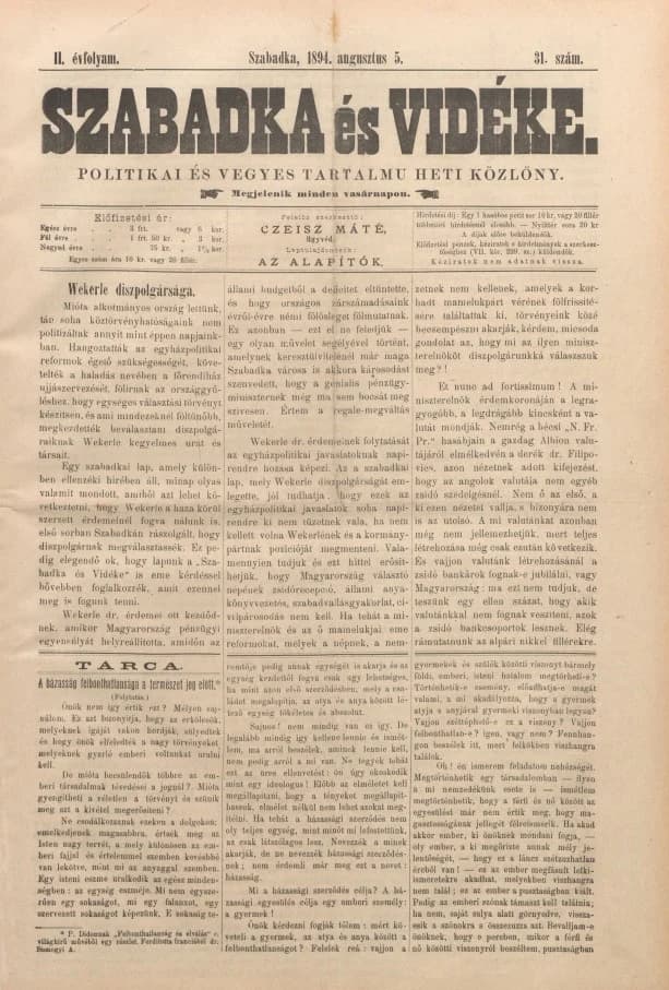 Szabadka és vidéke II, 2. évf. 1894. augusztus 5. 31. sz.