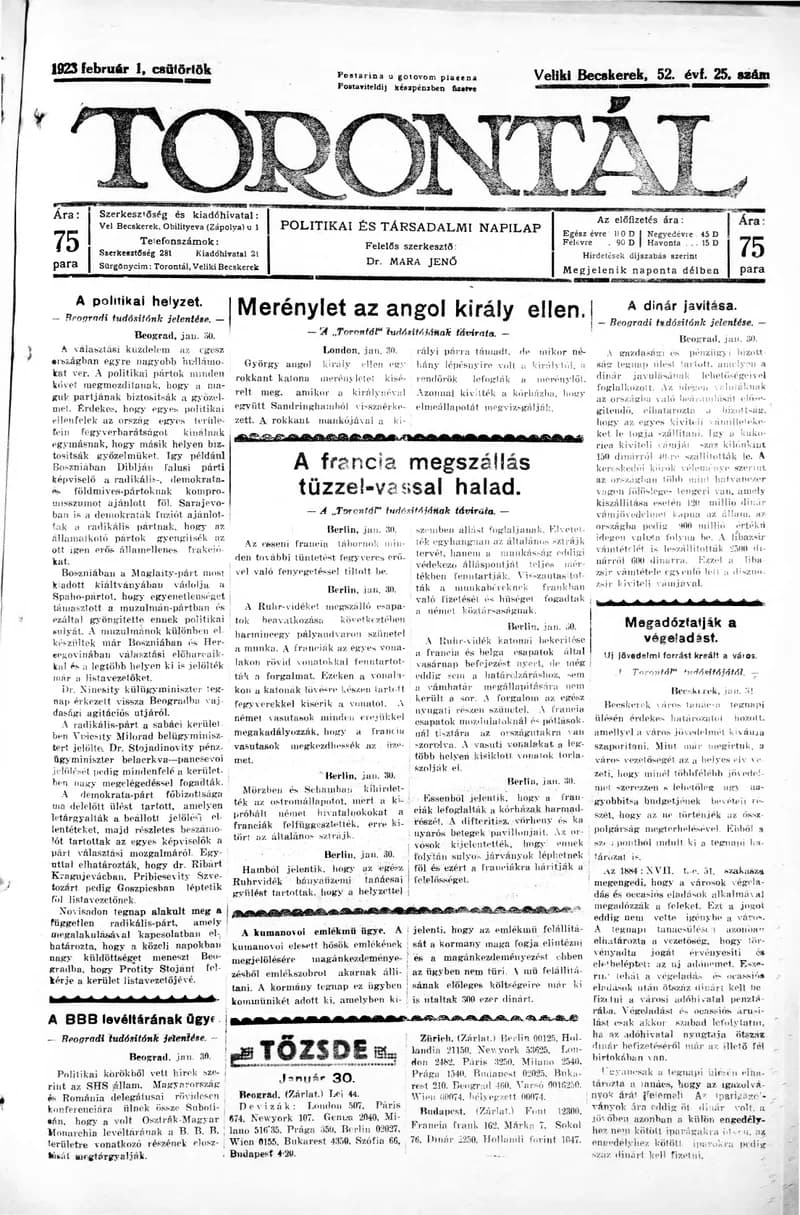 Torontál, 52. évf. 1923. február 1. 25. sz.