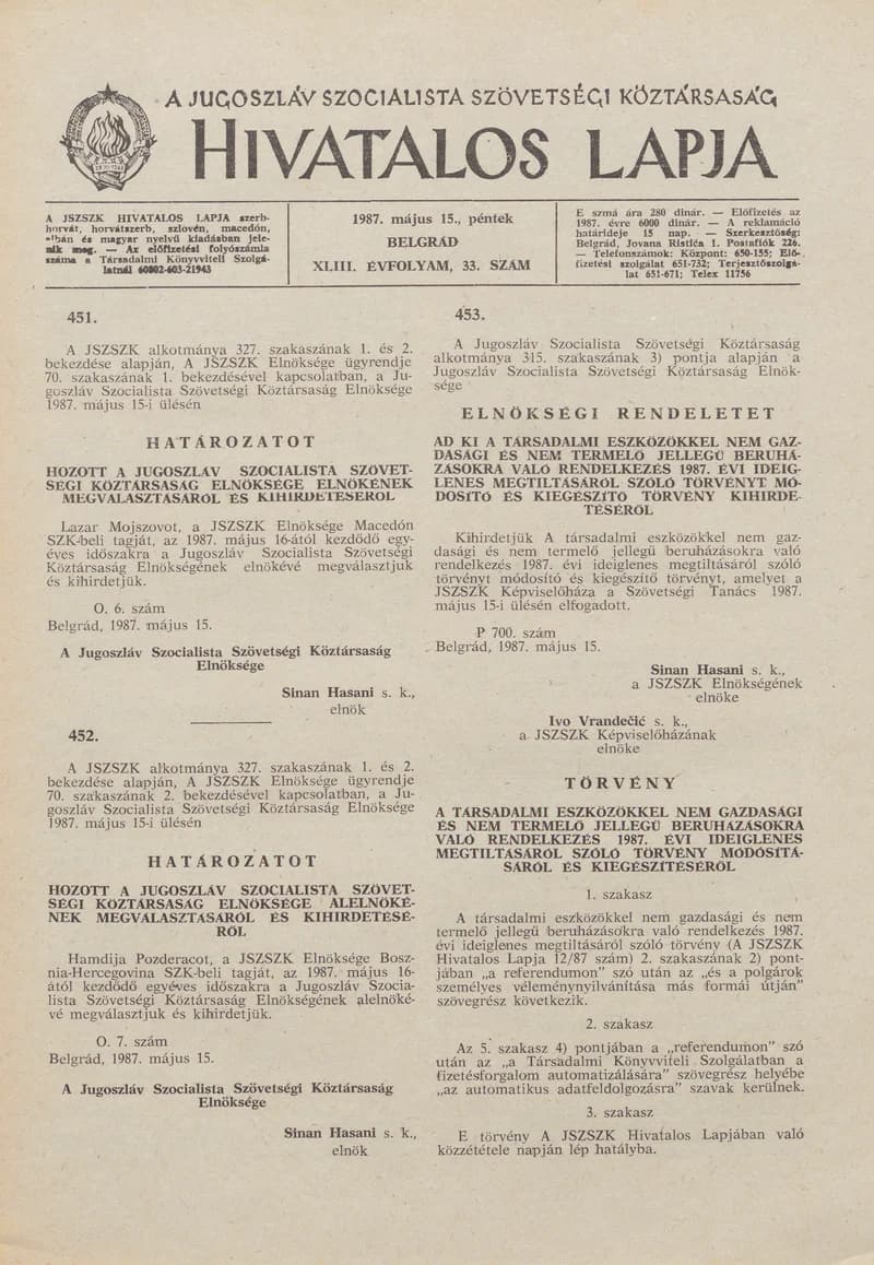 A Jugoszláv Szocialista Szövetségi Köztársaság Hivatalos Lapja, 43. évf. 1987. május 15. 33. sz. 849–880. oldal