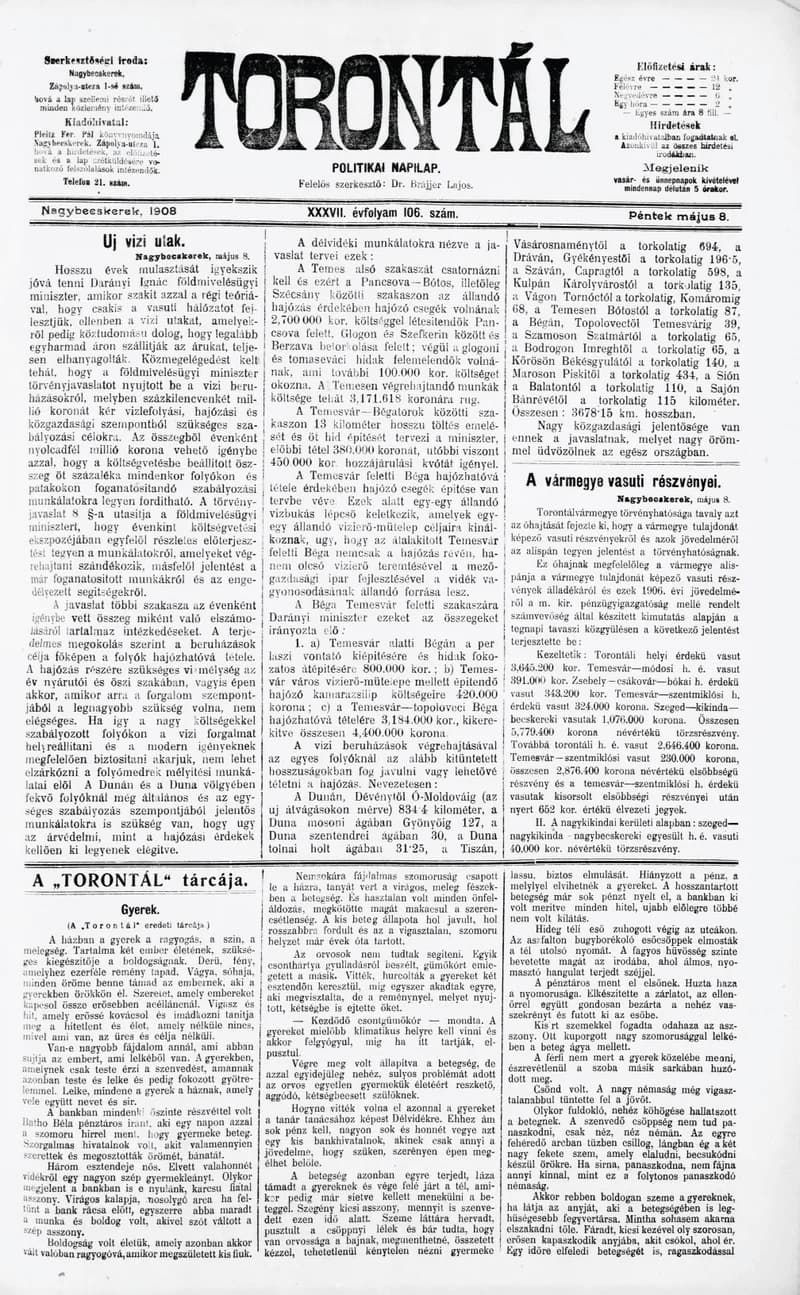 Torontál, 37. évf. 1908. május 8. 106. sz.