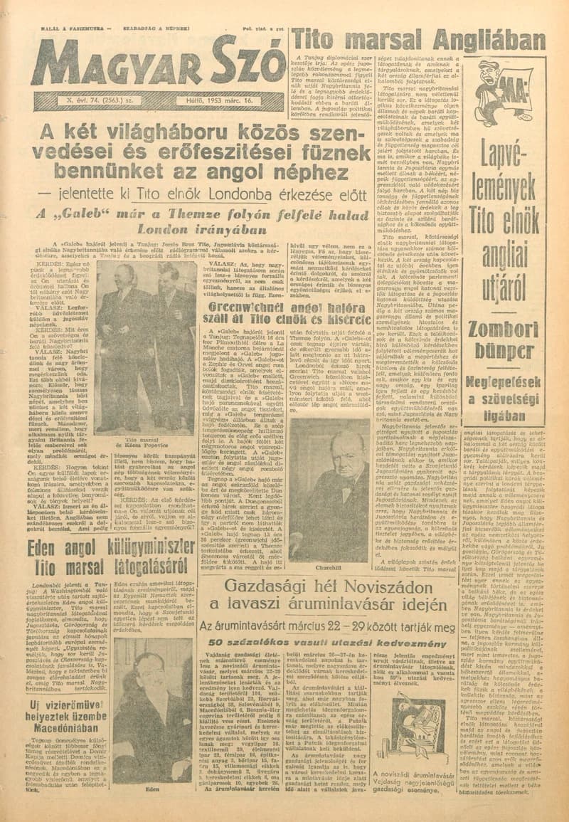 Magyar Szó, 10. évf. 1953. március 16. 74. sz. 1–10. oldal