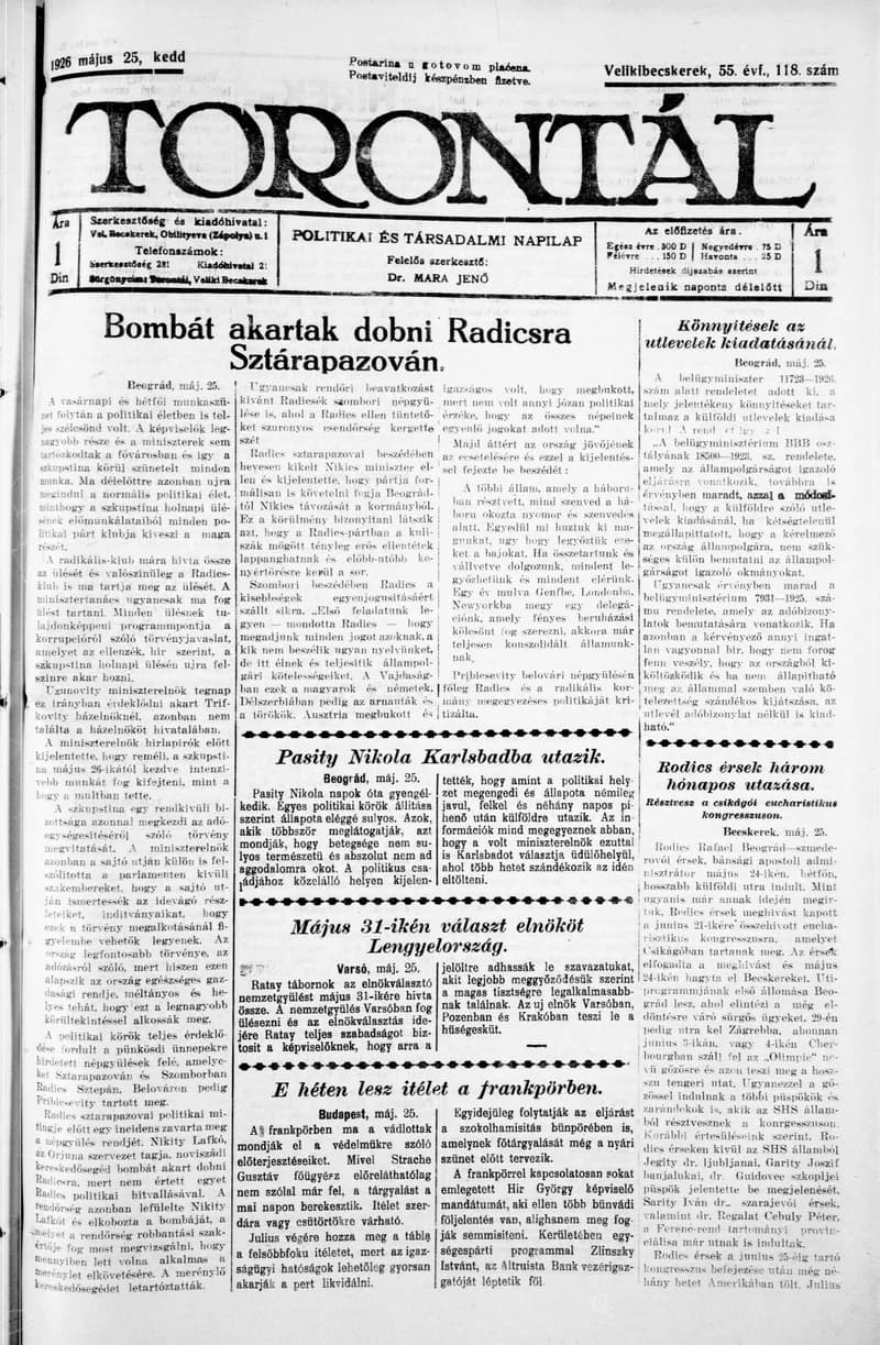 Torontál, 55. évf. 1926. május 25. 118. sz.