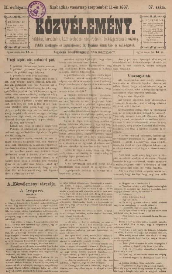 Közvélemény, 2. évf. 1887. szeptember 11. 37. sz.