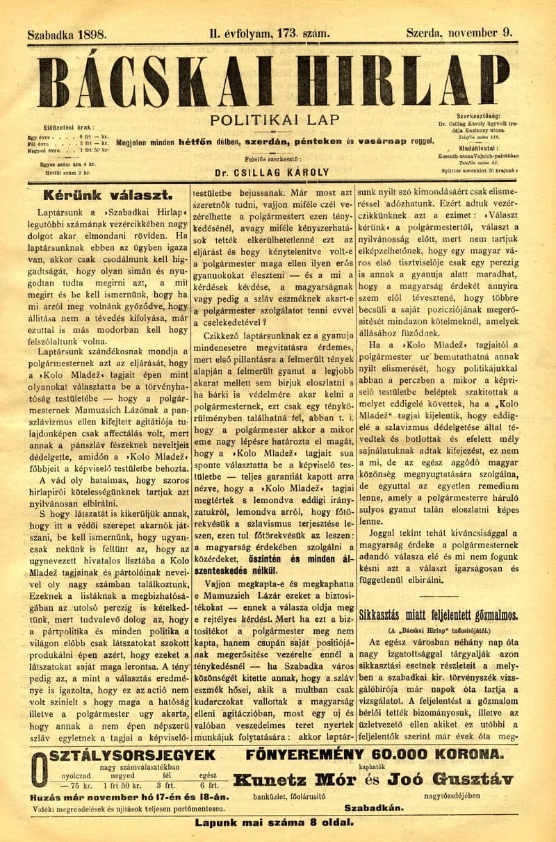 Bácskai Hirlap, 2. évf. 1898. november 9. 173. sz. 1–6. oldal