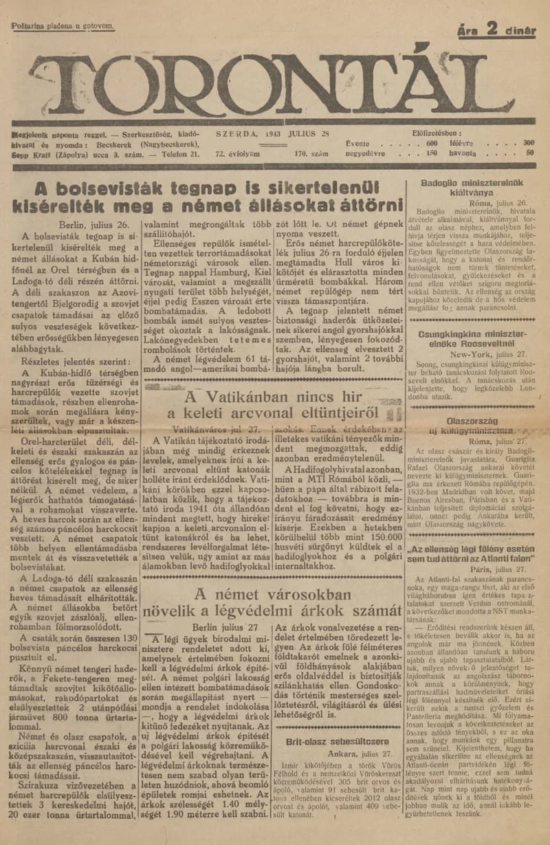 Torontál, 72. évf. 1943. július 28. 170. sz.