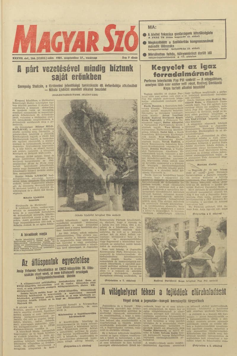 Magyar Szó, 38. évf. 1981. szeptember 27. 266. sz.