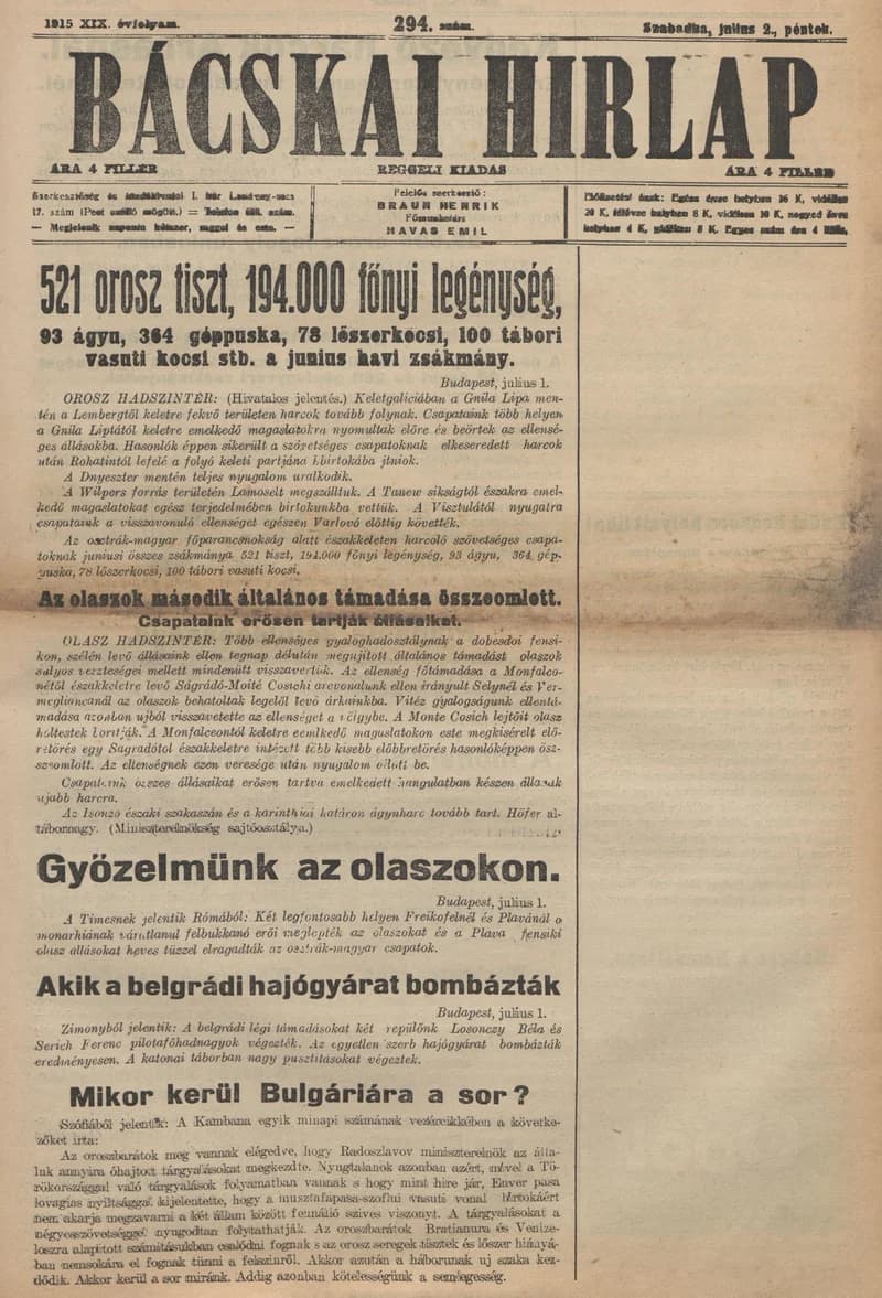 Bácskai Hirlap, 19. évf. 1915. július 2. 294. sz.