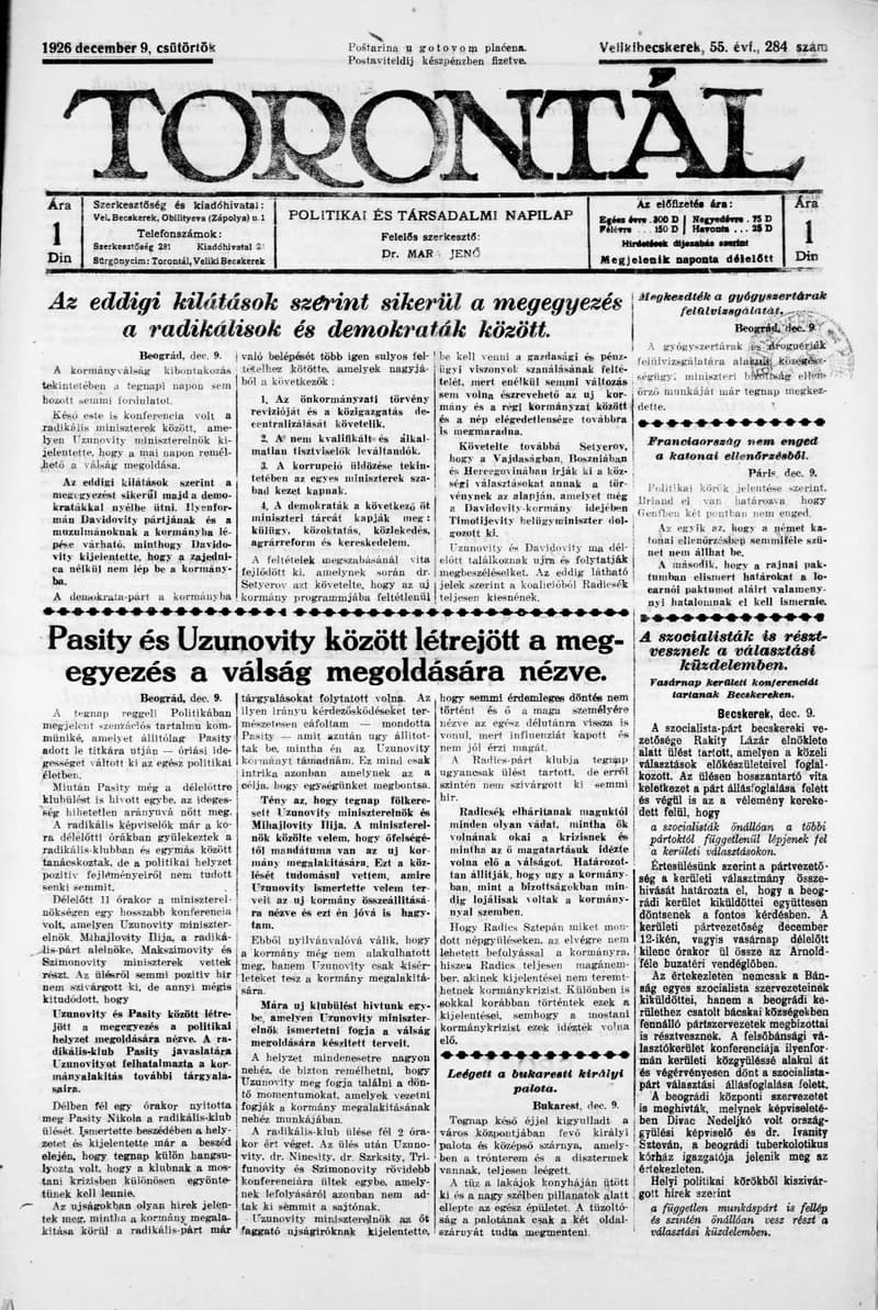 Torontál, 55. évf. 1926. december 9. 284. sz.