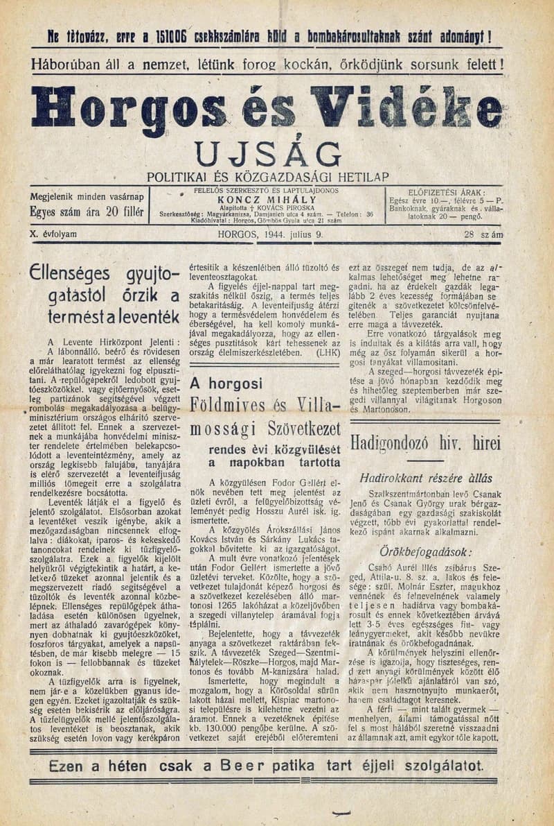 Horgos és vidéke, 9. évf. 1944. július 9. 28. sz.