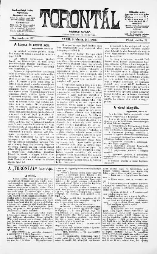 Torontál, 32. évf. 1903. október 23. 241. sz.