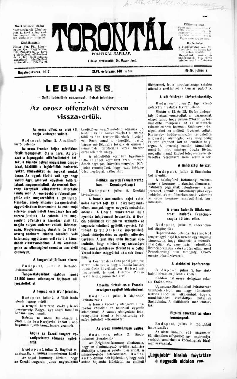 Torontál, 46. évf. 1917. július 2. 148. sz.