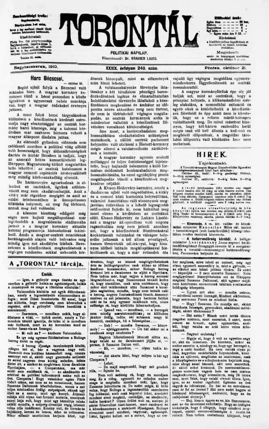 Torontál, 39. évf. 1910. október 21. 240. sz.
