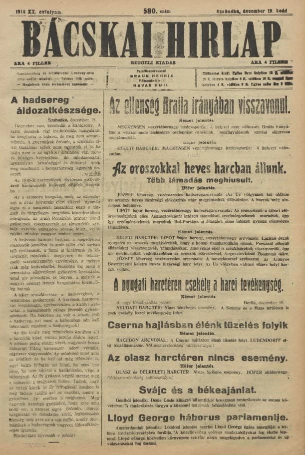 Bácskai Hirlap, 20. évf. 1916. december 19. 580. sz.