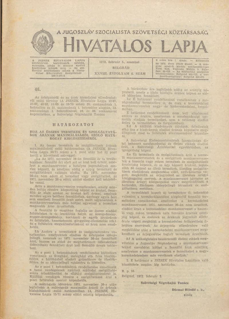 A Jugoszláv Szocialista Szövetségi Köztársaság Hivatalos Lapja, 28. évf. 1972. február 5. 6. sz. 193–200. oldal