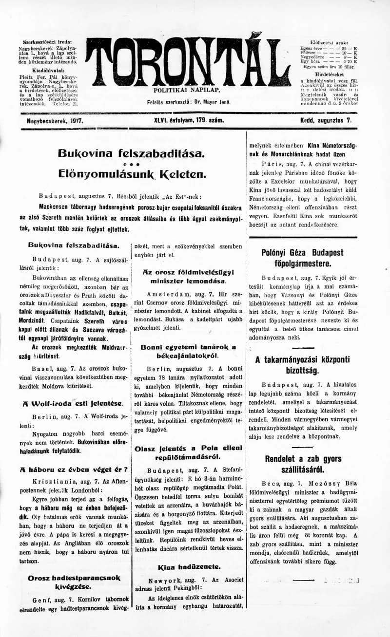 Torontál, 46. évf. 1917. augusztus 7. 179. sz.