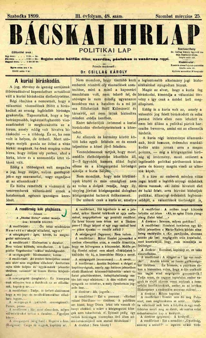 Bácskai Hirlap, 3. évf. 1899. március 25. 48. sz.