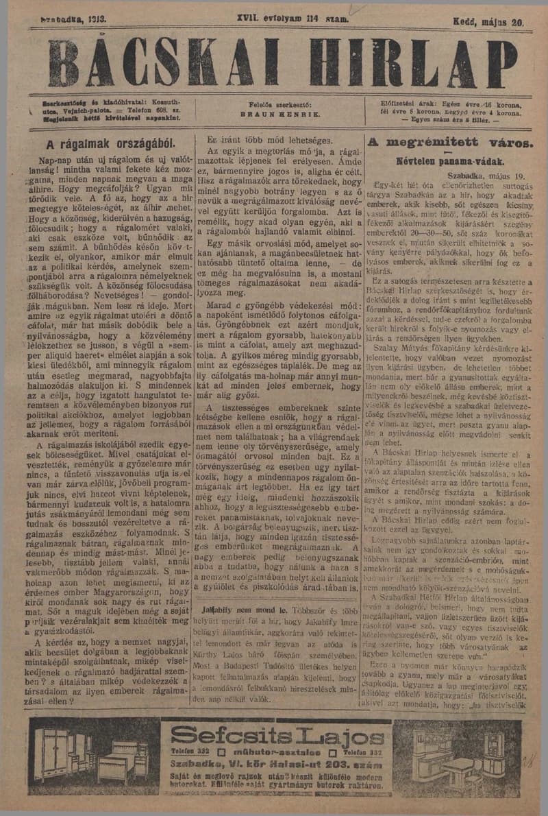 Bácskai Hirlap, 17. évf. 1913. május 20. 114. sz.