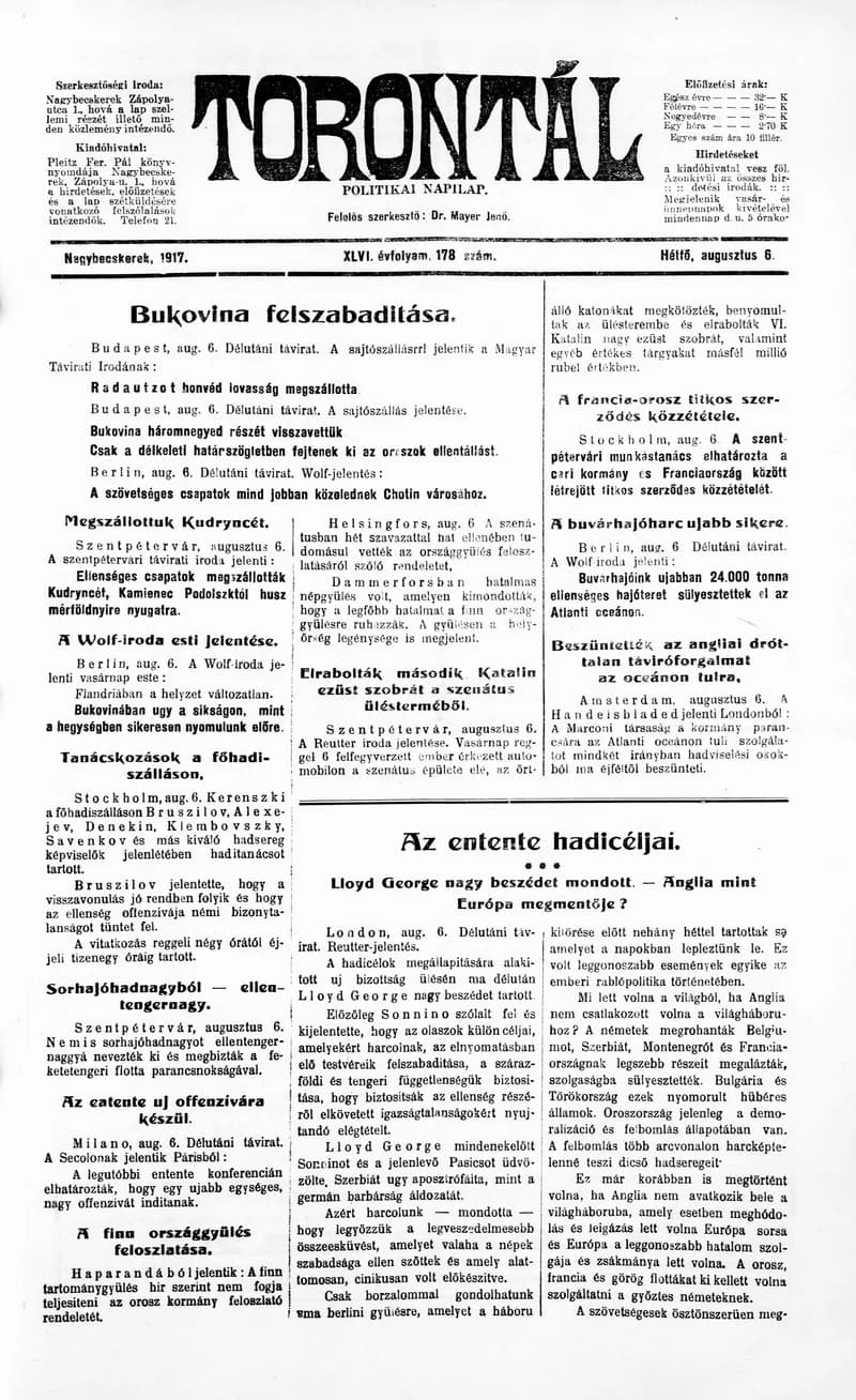 Torontál, 46. évf. 1917. augusztus 6. 178. sz.