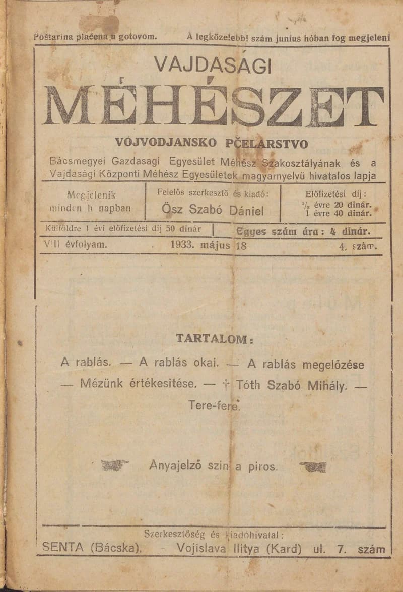 Vajdasági méhészet, 8. évf. 1933. május 18. 4. sz.