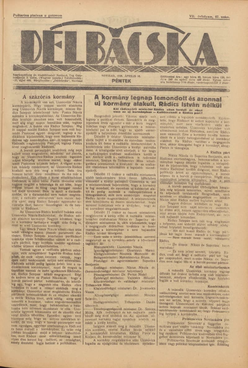 Délbácska, 7. évf. 1926. április 16. 87. sz.
