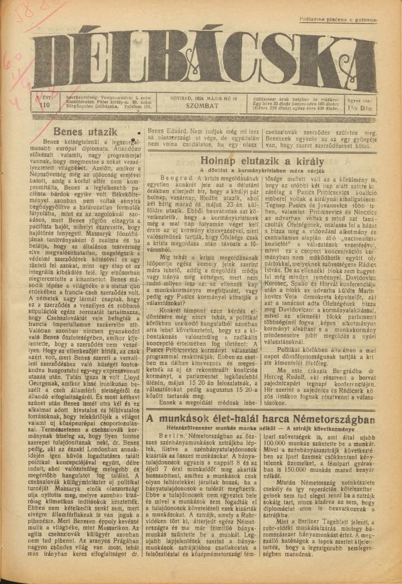Délbácska, 5. évf. 1924. május 10. 110. sz.
