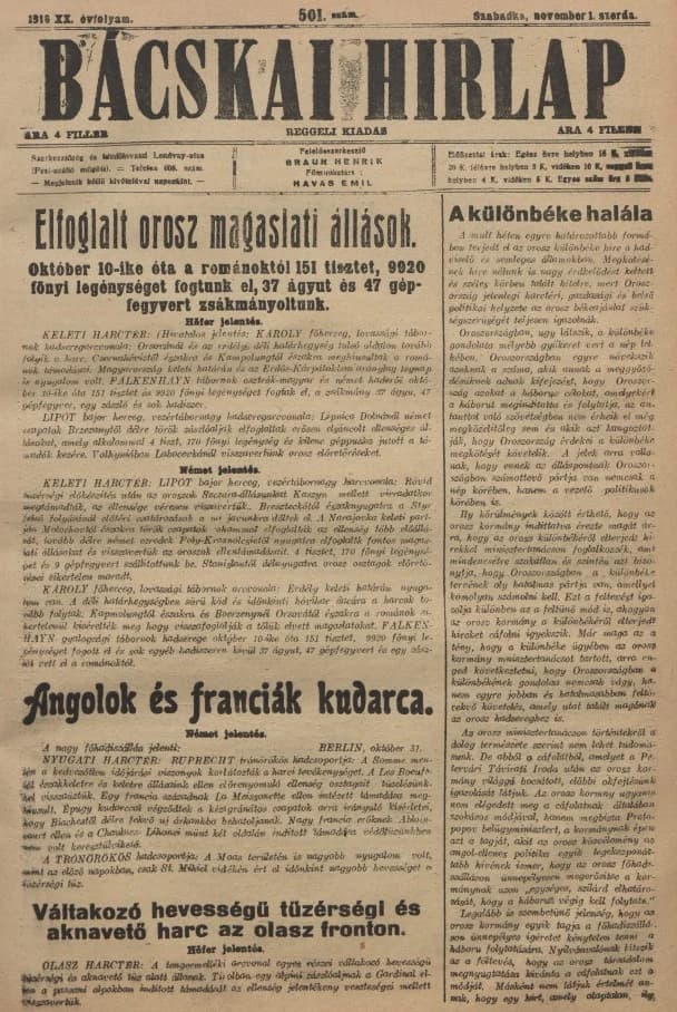 Bácskai Hirlap, 20. évf. 1916. november 1. 501. sz.