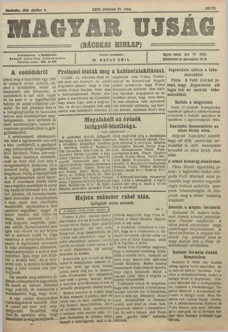 Bácskai Hirlap, 23. évf. 1919. október 6. 95. sz.