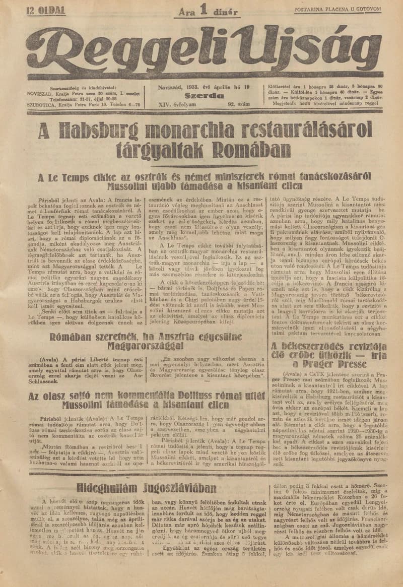 Reggeli Újság, 14. évf. 1933. április 22. 95. sz.