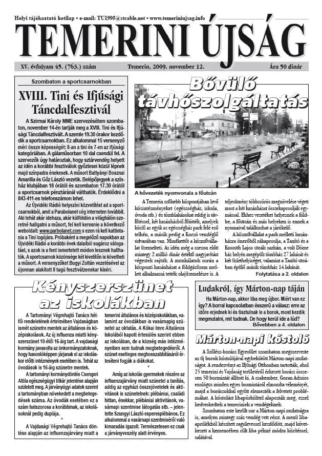 Temerini Újság, 15. évf. 2009. november 12. 45. sz.